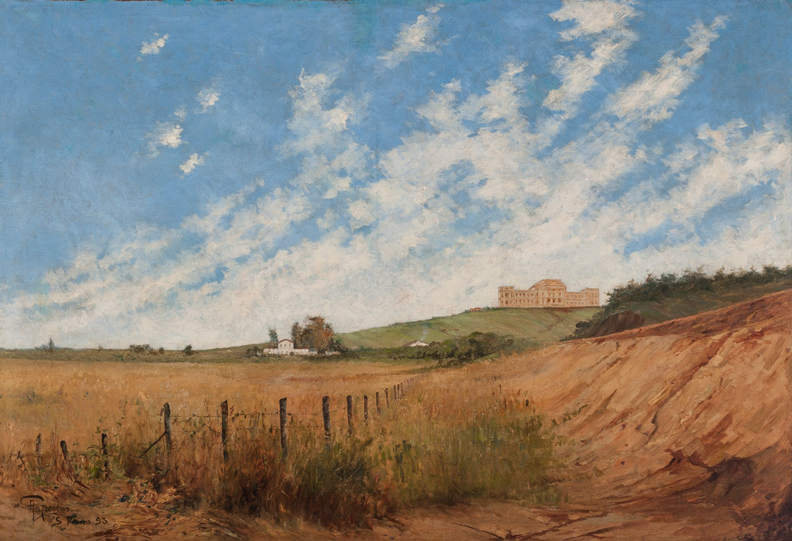 Painting in which the Monument-Building is seen on top of a hill in the background. On the right side there is a small ravine.