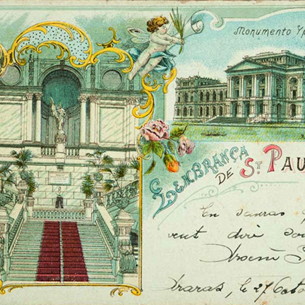 Cartão postal com duas ilustrações: as escadarias do saguão e sua parede de fundo e o Edifício-Monumento.
