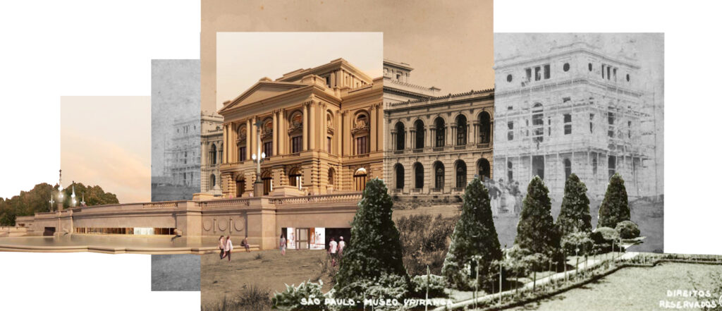 Composição com imagens do edifício-monumento do Museu do Ipiranga em diversas épocas. Autor: Marcus Vinicius Rosário da Silva, 2025